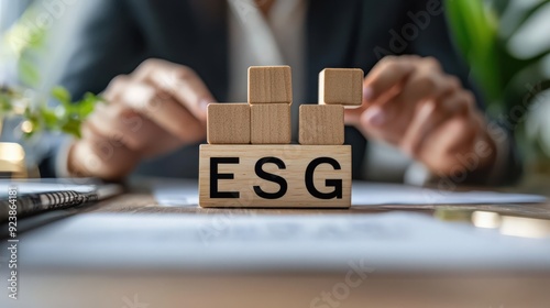 A person is building a block tower with the letters ESG on top