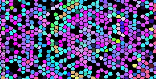 A colorful mosaic pattern with a black background. The colors are bright and vibrant, creating a lively and energetic atmosphere. The pattern is made up of small