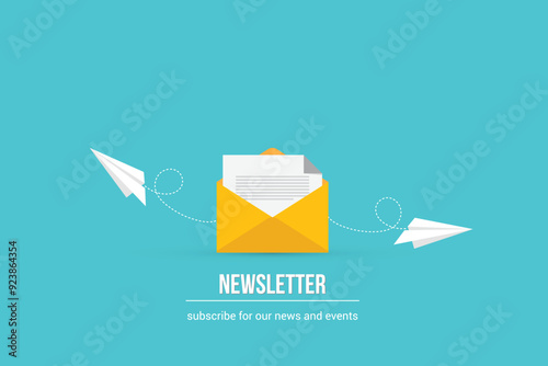 Newsletter. vector illustration of email marketing. subscription to newsletter, news, offers, promotions. a letter and envelope. subscribe, submit. send by mail.	