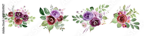 Set of purple, red and pink roses watercolor vector bouquets isolated on white, greenery florals arrangements, blush pink antique rose, peony, ranunculus bouquets, watercolor hand drawn vector 