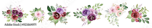 Set of purple, red and pink roses watercolor vector bouquets isolated on white, greenery florals arrangements, blush pink antique rose, peony, ranunculus bouquets, watercolor hand drawn vector 