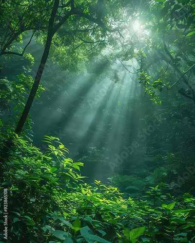 A realistic photo of a lush green forest with sunlight filtering through the trees