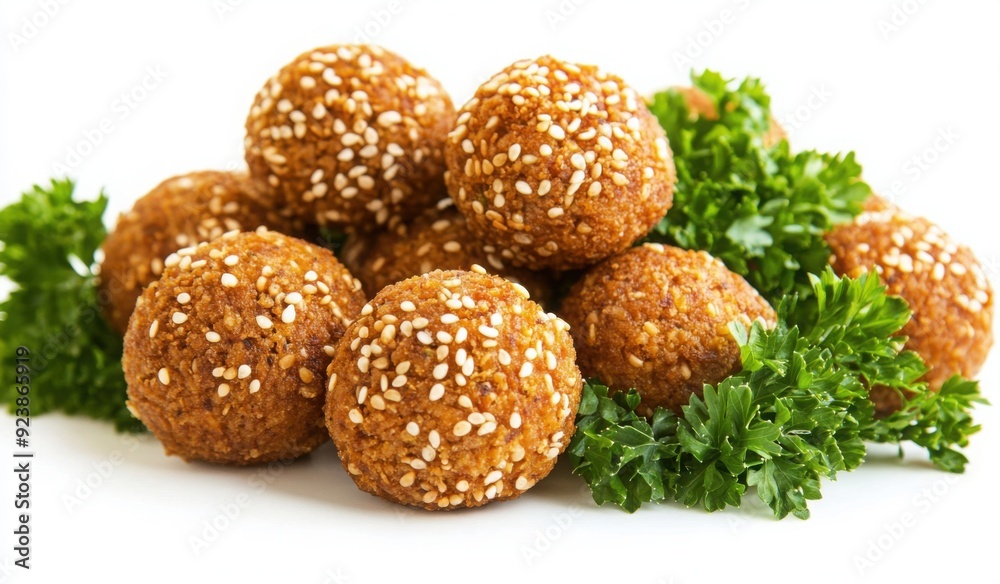 several falafel balls with the shape of an octagon, each covered in delicious sesame seeds and accompanied by fresh curly herbs on one side. several falafel balls with the shape of an octagon, each covered in delicious sesame seeds and accompanied by fresh curly herbs on one side.