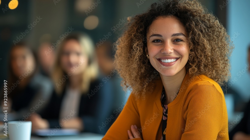 Obraz premium Cheerful businesswoman at a presentation, modern conference room