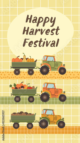 Happy harvest festival. Tractors with trailer full of vegetables. Grid background. Stories Template for Social Media. Autumn Season Design. 