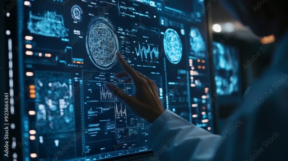 Fototapeta premium Doctor utilizing an advanced digital medical interface to view and analyze real-time health data and interactive visualizations.