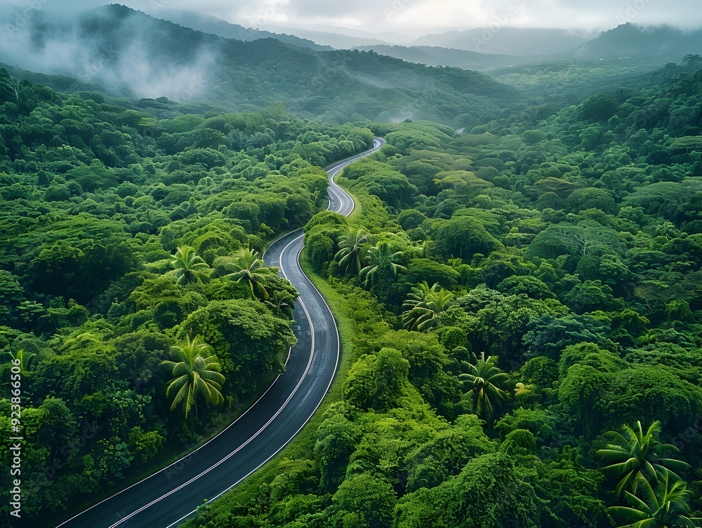 Aerial View of Winding Road Through Lush Verdant Forest Canopy Aerial View of Winding Road Through Lush Verdant Forest Canopy