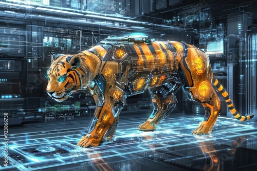 A futuristic robotic tiger stands in a digital environment, showcasing advanced technology and vibrant neon colors.