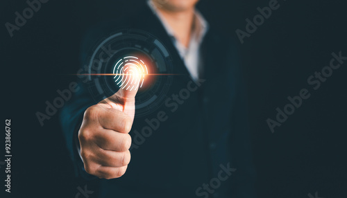 Businessman thumbs up with virtual fingerprint to scan biometric identity and access password fingerprints for technology security and privacy system to prevent hacker on Internet concept photo