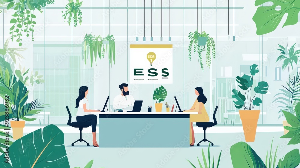 A group of people are sitting at a desk in a room with plants A group of people are sitting at a desk in a room with plants