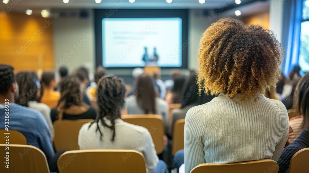 Rear view of a diverse audience seated in a conference room, attentively listening to a speaker on stage with a modern background Rear view of a diverse audience seated in a conference room, attentively listening to a speaker on stage with a modern background