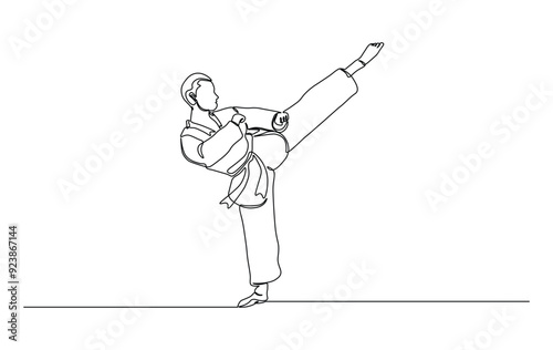 One continuous line drawing karateka fighter in kimono practicing karate kick combat. Karateka sport single line illustration.