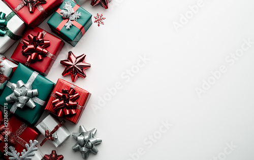 A vibrant pile of Christmas gifts in red, green, and white boxes with bows against a pure white background captured from a high angle view