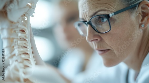 An experienced doctor attentively examines a detailed anatomical model of the human spine, ensuring accurate medical diagnosis and treatment to promote spine health and care. photo