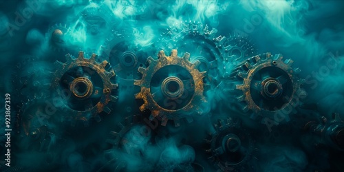 A group of gears in the middle of a blue smokey background