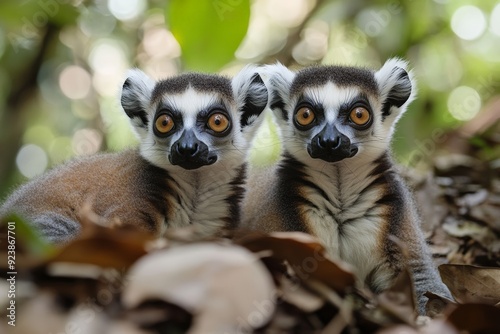 Two curious lemurs with wide eyes sit among leaves in a forest setting.