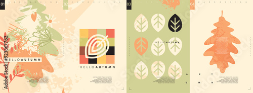 Hello autumn set of abstract banners and backdrops. Creative grunge patterns with leaves and plants. Seasonal vector illustration.