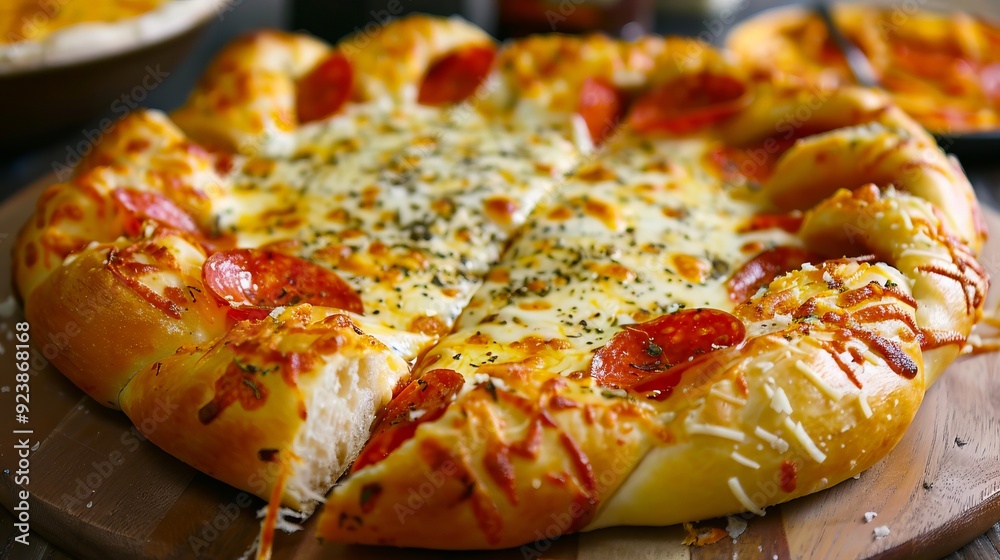 A pepperoni pizza sitting on top of a wooden cutting board