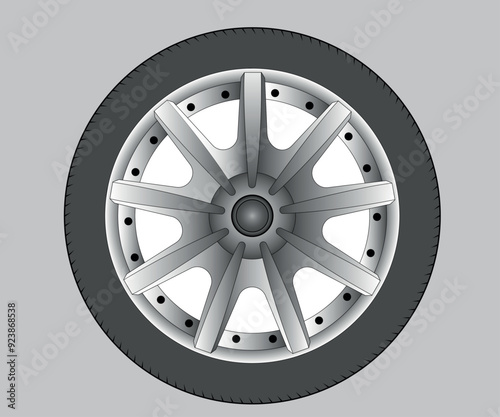Black tire with steel wheel on white background,