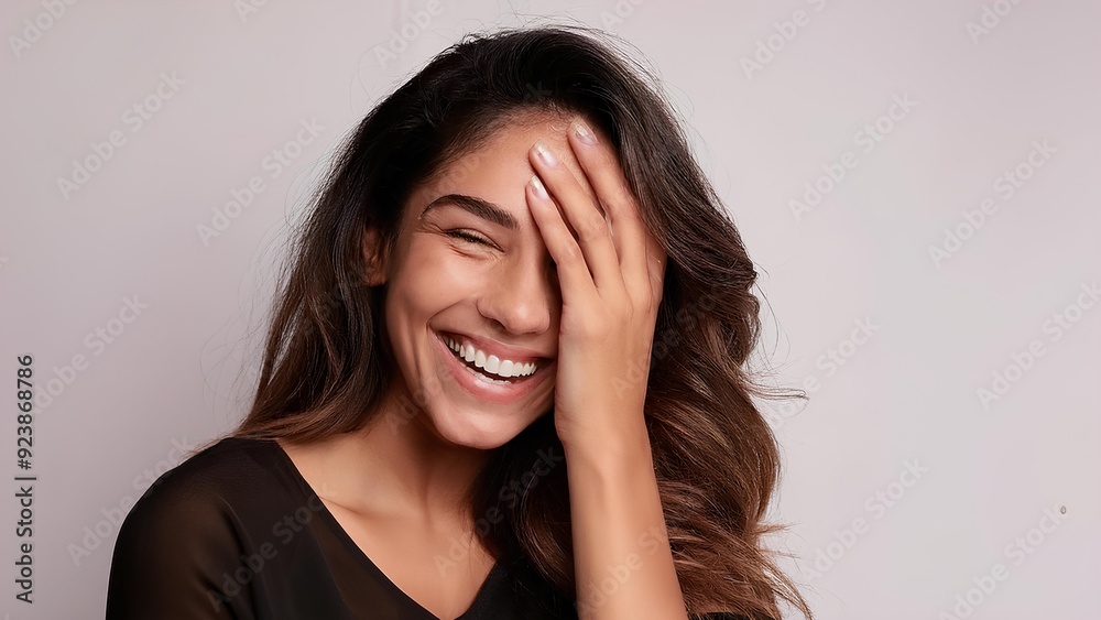 A woman is sincerely enjoying life. A beautiful girl covers her face with her hand from joy. A happy person, a smile on her face. A woman is sincerely enjoying life. A beautiful girl covers her face with her hand from joy. A happy person, a smile on her face.
