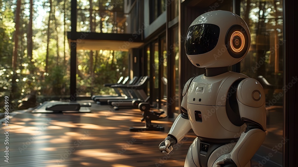 Fototapeta premium Robot in Smart Home Gym: A 16:9 image of a robot assisting with workouts in a smart home gym, adjusting equipment and offering virtual coaching.
