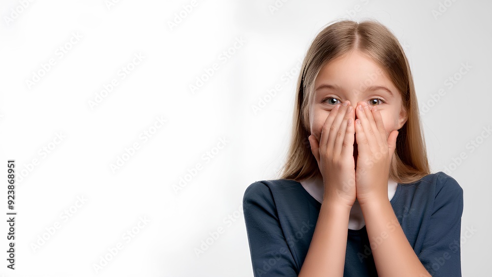 A teenage girl is sincerely enjoying life. A beautiful girl covers her face with her hand from joy. A happy person, a smile on her face. A teenage girl is sincerely enjoying life. A beautiful girl covers her face with her hand from joy. A happy person, a smile on her face.