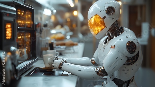 Robot Preparing Breakfast: A wide 16:9 shot of a robot preparing breakfast in a smart kitchen, using smart appliances like a coffee maker and toaster. photo