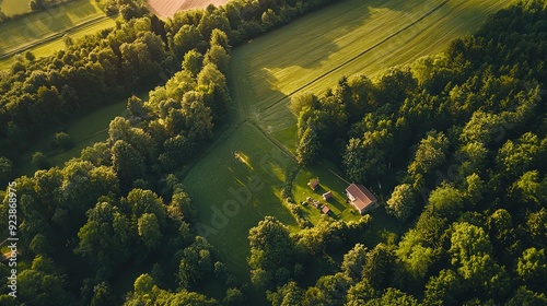 Aerial view of lush green trees and fields, showcasing serene nature and rural landscape in vibrant sunlight. photo