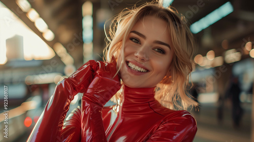 smiling blonde woman, wearing a red latex costume, tucking her hair behind her ear photo