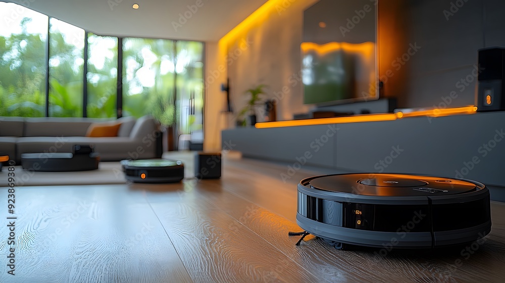 Robot Vacuum Docking: A 16:9 image of a robot vacuum docking at its charging station in a smart home, with other cleaning robots visible. Robot Vacuum Docking: A 16:9 image of a robot vacuum docking at its charging station in a smart home, with other cleaning robots visible.