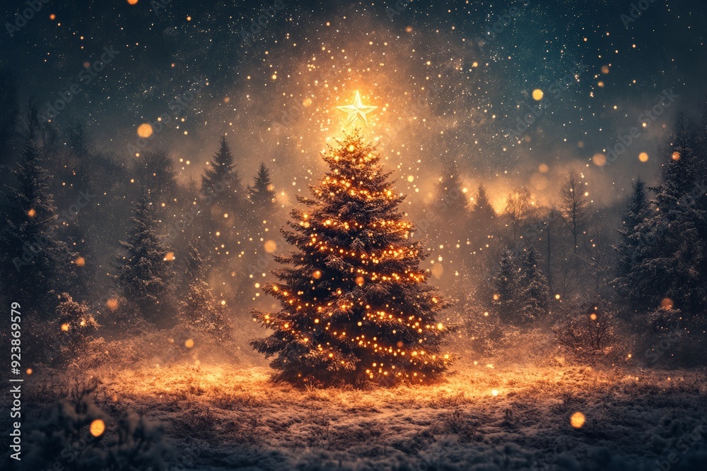 A beautifully lit Christmas tree in the middle of a snow-covered forest, topped with a glowing star. A beautifully lit Christmas tree in the middle of a snow-covered forest, topped with a glowing star.