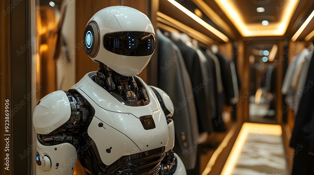 Fototapeta premium Robot Assisting with Dressing: A horizontal 16:9 view of a robot helping an individual dress in a smart home, adjusting smart closet settings and mirrors.