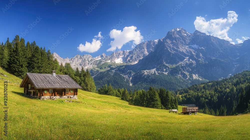 Mountain Cabin, Green Pasture, and Snow-Capped Peaks Mountain Cabin, Green Pasture, and Snow-Capped Peaks