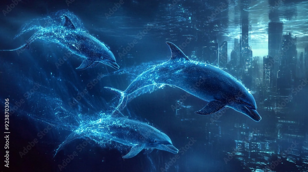 Fototapeta premium A group of dolphins leaps playfully through the air, their bodies leaving trails of glowing, bioluminescent particles that form intricate patterns against a backdrop of a futuristic underwater city.
