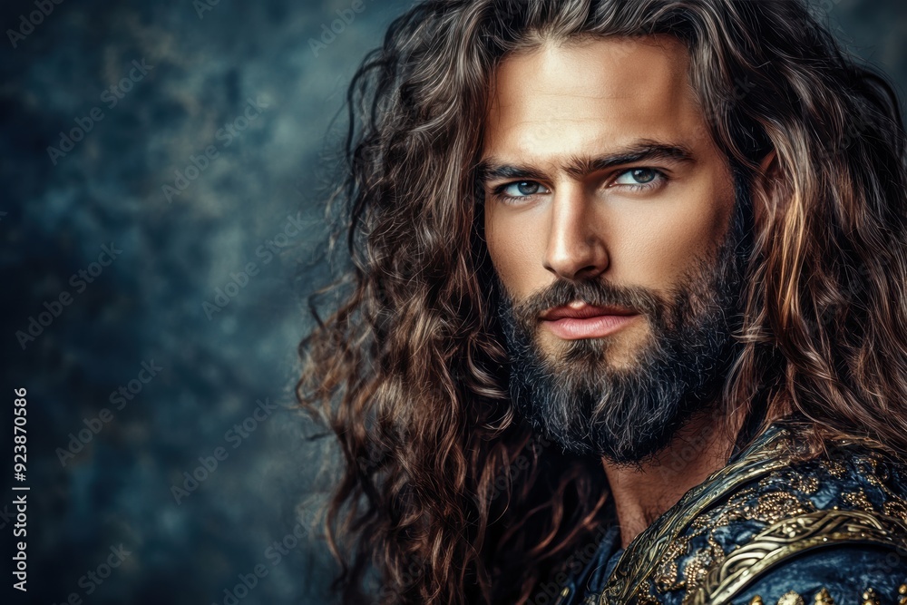 Handsome man with long curly hair intense gaze Handsome man with long curly hair intense gaze