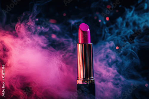 Vibrant pink lipstick amidst mystical smoke on dark background photo