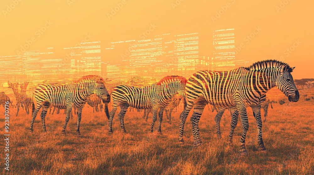Fototapeta premium A herd of zebras grazes peacefully on a savanna, their distinctive stripes morphing into shimmering bands of data streams as they move. The zebras, seemingly unaffected by the digital augmentation,
