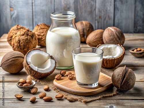 Fresh coconut and walnuts on a kitchen counter, highlighting the ingredients for a nutritious and easily digestible homemade nut milk, perfect for a healthy lifestyle. photo