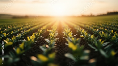 Rows of young plants are seen sprouting in a cultivated field, bathed under the warm, setting sun, highlighting the natural beauty and growth in this vibrant, agricultural scene. photo