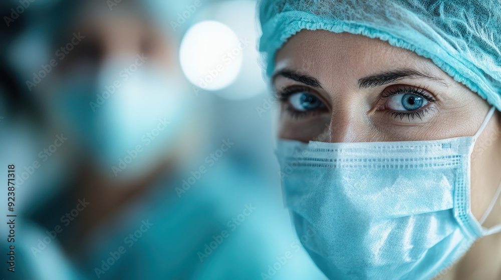 This image shows a member of a surgical team, dressed in green scrubs and mask, focused in an operating room environment, highlighting the critical nature of medical procedures. This image shows a member of a surgical team, dressed in green scrubs and mask, focused in an operating room environment, highlighting the critical nature of medical procedures.