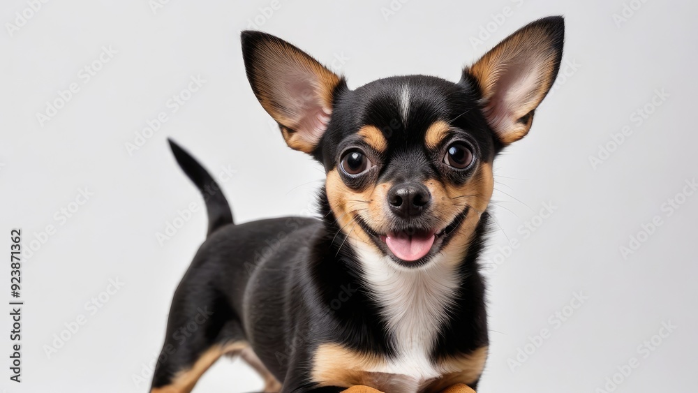 Portrait of Black and Tan Chihuahua dog on grey background Portrait of Black and Tan Chihuahua dog on grey background
