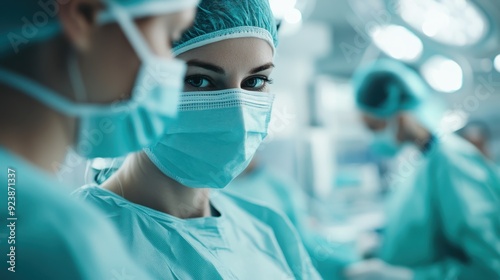 The image captures two medical professionals in the middle of a surgical procedure, wearing full protective attire, underscoring communication and teamwork in a sterile environment.