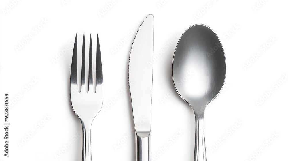 A silver fork, knife and spoon on a white background. A silver fork, knife and spoon on a white background.
