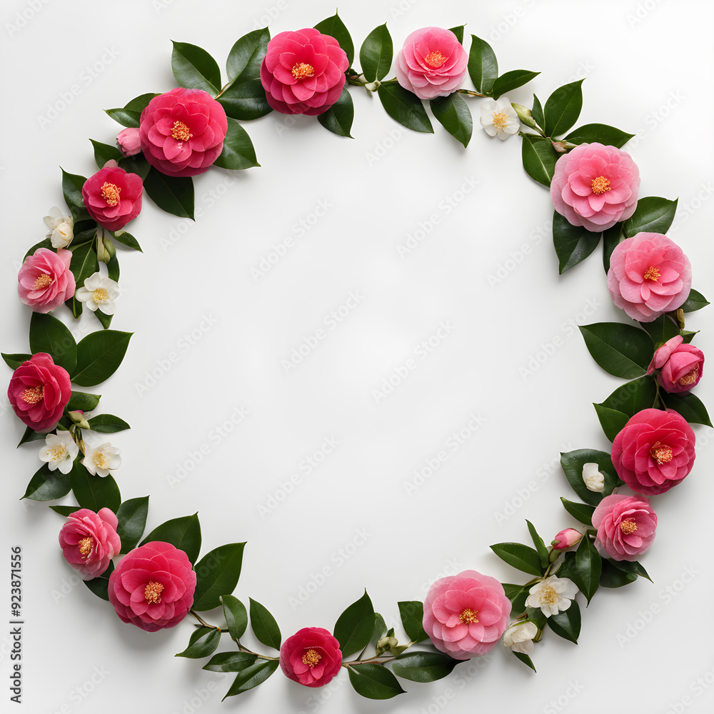 Round frame with pink camellia flowers and green leaves on white background Round frame with pink camellia flowers and green leaves on white background
