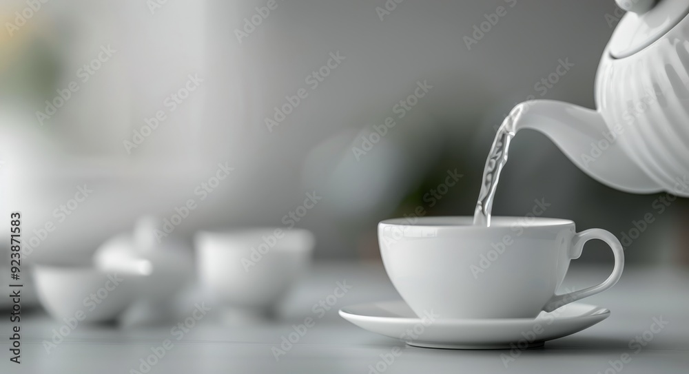 Pouring Hot Water Into White Teacup On Wooden Table Pouring Hot Water Into White Teacup On Wooden Table