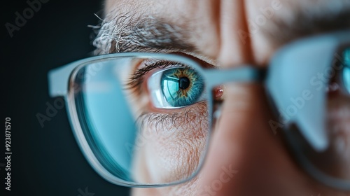 This image features a half-face portrait of a person wearing glasses, captured in a close view, emphasizing the clarity, reflection, and importance of vision correction through eyewear.