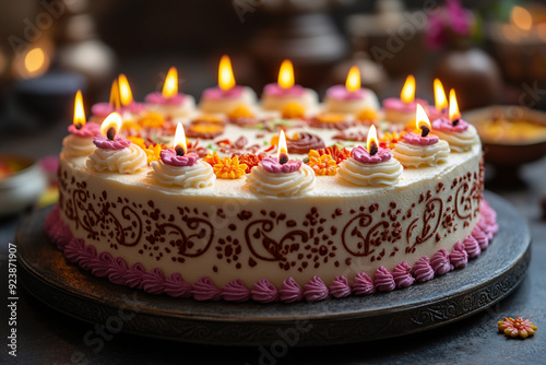 A Diwali-themed cake or dessert with festive decor