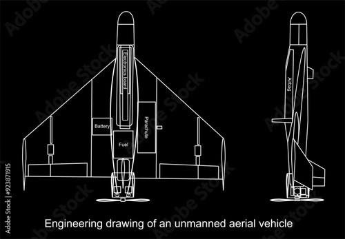 Vector engineering drawing of a military unmanned aerial 
vehicle (drone). General view of a war plane fighter bomber.  Top and side view.  Cad scheme.