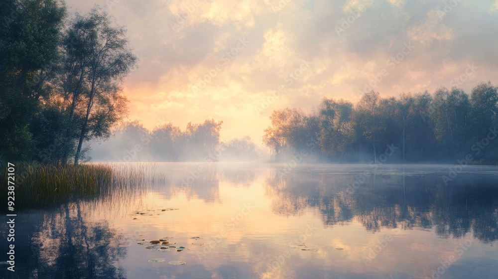 beautiful sunrise on a lake surrounded by forest with fog beautiful sunrise on a lake surrounded by forest with fog