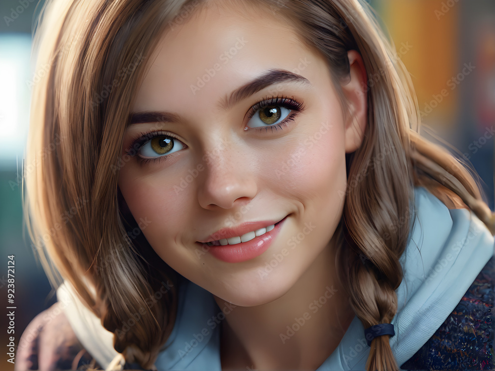 Naklejka premium Close-up portrait of a beautiful young girl with blue eyes.